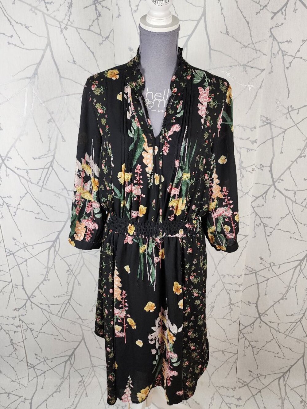 Fig and Flower Black Floral Print Pleated Front Peasant Midi Dress